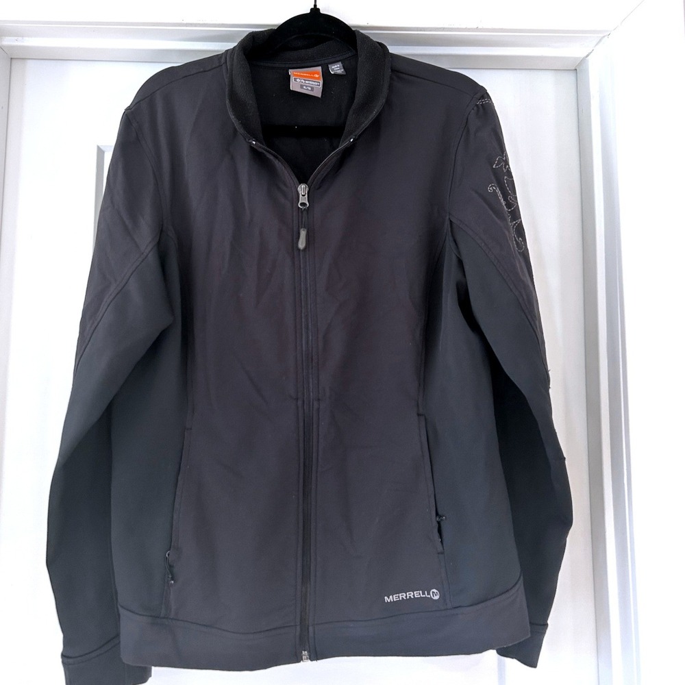 Merrell Aeroblock Softshell Jacket Black Embroidered Sleeve Full Zip Womens XL